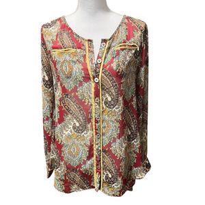 Anthropologie Nick & Mo‎ Paisley Sheer Button Down Tunic Burgundy Size Medium